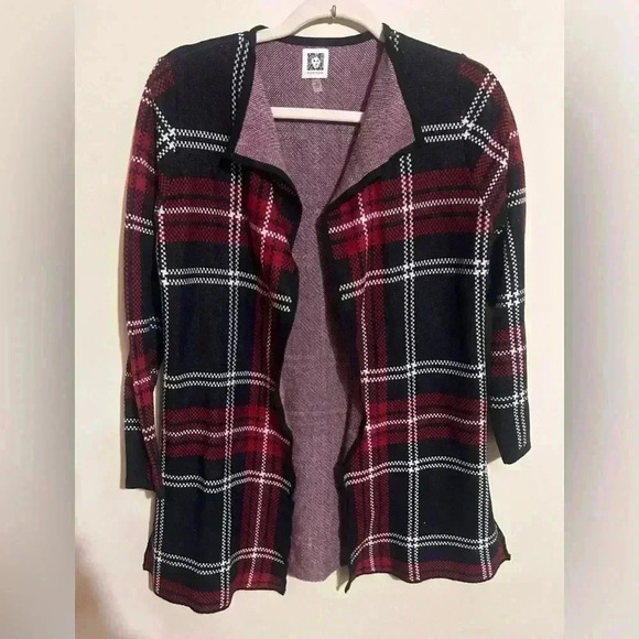 Anne Klein Black Red White Plaid Long Cardigan Sweater Women's Small Holidays - Picture 1 of 4